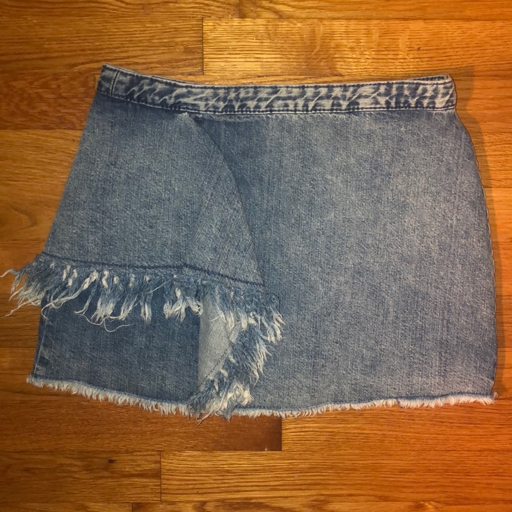 ZARA distressed denim waterfall skirt